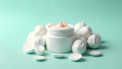 A close-up shot of a jar of marshmallows on a light green background.