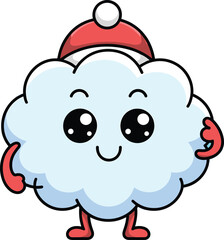 Cute kawaii cartoon cloud character wearing red winter hat and boots with happy face on blue background for Christmas design
