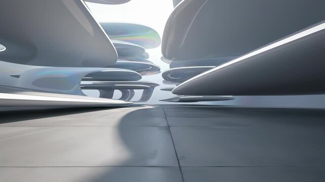 Futuristic building with sleek design dominates the scene, showcasing innovative transportation solutions and flexible workspaces or community gathering areas through rendering new ideas and.