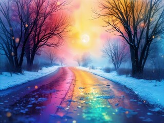 A vibrant winter scene features a snow-covered road reflecting the colorful hues of a sunset. Bare trees line the path, creating a serene and enchanting atmosphere.  (Gen, A.I.)