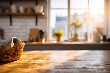 Cozy Morning Kitchen with Sunlit Wooden Countertop