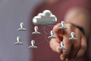 Innovative concept of cloud computing with interconnected network and people. Represents data sharing, connecti