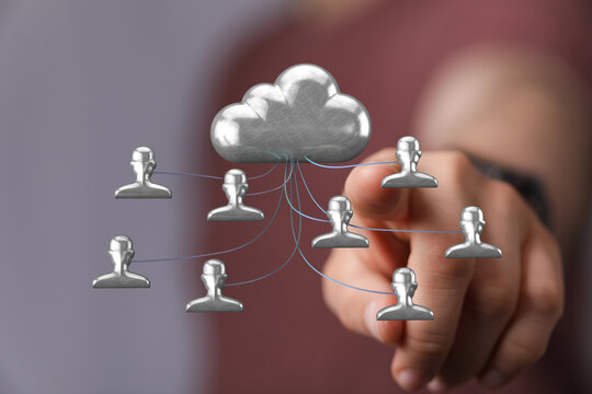 Innovative concept of cloud computing with interconnected network and people. Represents data sharing, connecti