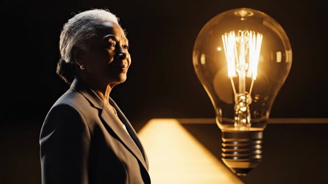 Senior Woman with Bright Idea - A thoughtful senior African-American woman raises her index finger as she has a bright idea in front of a large glowing lightbulb.