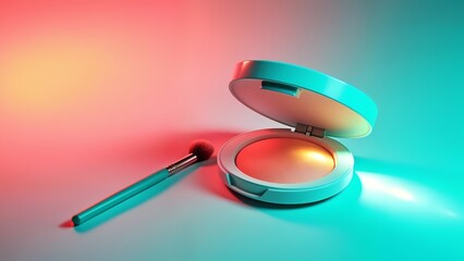 A close-up of a makeup brush next to an open makeup container.