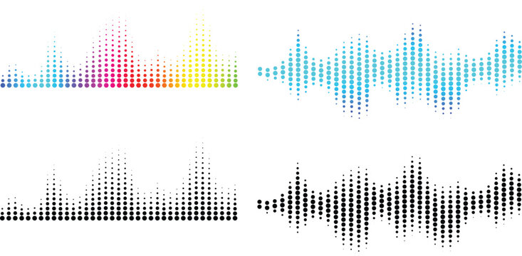 Vibrant dotted sound waves form modern audio visualizations. Colorful and monochrome waveforms create dynamic digital rhythm art. Perfect abstract spectrum design for music projects.