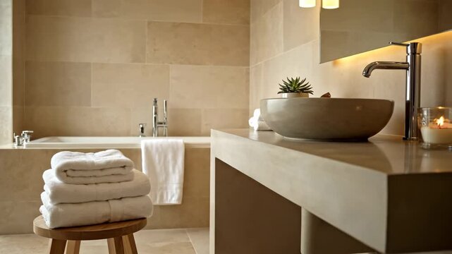 Luxurious Bathroom Interior Design - This video showcases a modern and elegant bathroom with beige tile walls, a sleek countertop with a round basin, and a stack of fresh white towels on a wooden
