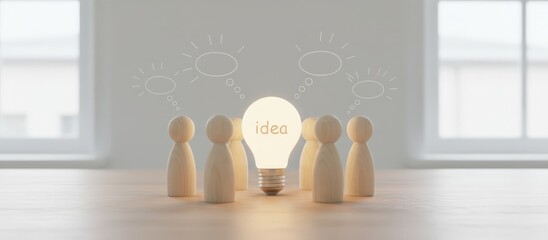 Wooden human figures concentrating together on a brightly illuminated lightbulb with the word idea inside, symbolizing collective intelligence, brainstorming, and new insights