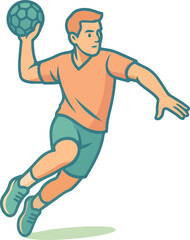 Man in orange shirt and teal shorts throwing handball