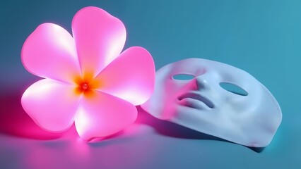 A close-up of a pink flower and a white mask on a blue background.
