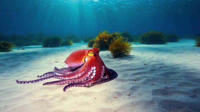 Beautiful Underwater Octopus Crawling on Sandy Seabed