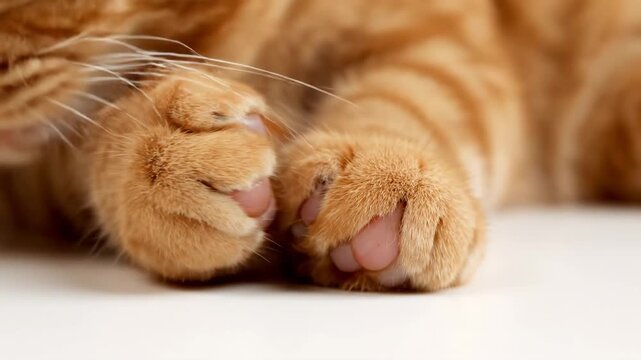 Ginger Cat Paws Close-Up - A close-up shot captures the paws of a ginger tabby cat. The soft, furry paws with visible pink paw pads are the main focus, set against a blurred background of the cat's