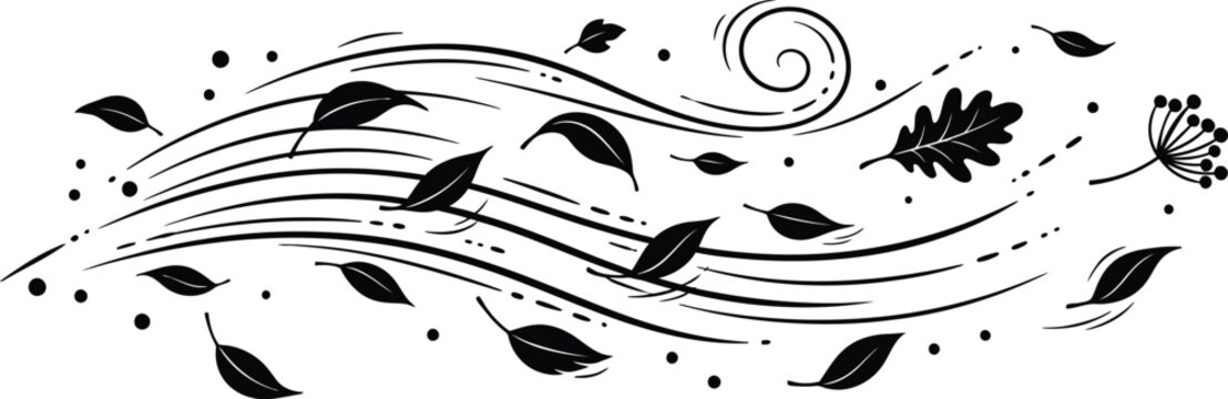 Black Silhouette of Wind Blowing Leaves and Swirls on White Background autumn