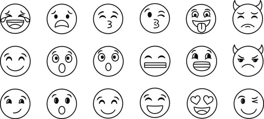 Grid of 18 black and white emoji face icons with various expressions on white background