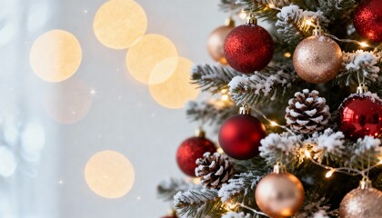 Obraz premium Elegant Christmas tree background with red and gold ornaments. Festive holiday scene with beautiful, bright bokeh lights and copy space.