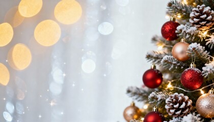 Elegant Christmas tree background with red and gold ornaments. Festive holiday scene with beautiful, bright bokeh lights and copy space.