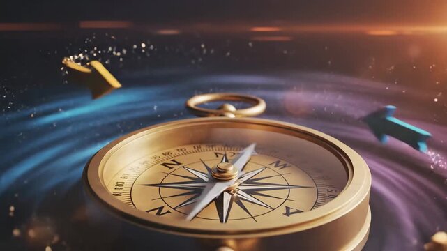 Golden Compass Navigating a Sea of Stars - A close-up of a golden compass with a silver needle rests amidst a backdrop of sparkling lights and swirling, colorful arrows.