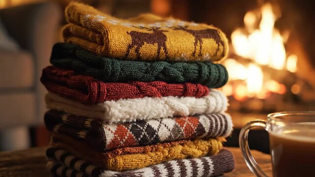 Cozy Knitwear Stack by Fireplace - A stack of warm, colorful knitwear is carefully arranged near a fireplace, creating a cozy and inviting atmosphere.