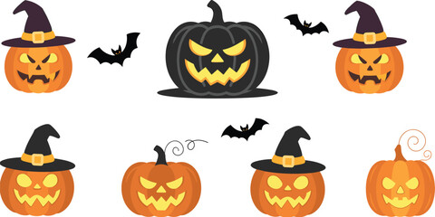 Halloween pumpkin collection with witch hats, spooky jack o’ lantern faces, flying bats, scary holiday decoration set, festive cartoon illustration elements