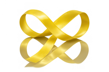 Yellow satin ribbon forming an infinity symbol, reflecting on a clear surface, representing endless support and awareness