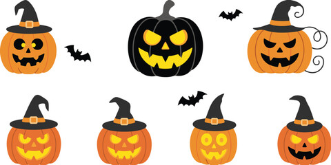 Halloween pumpkin collection with witch hats, spooky jack o’ lantern faces, flying bats, scary holiday decoration set, festive cartoon illustration elements