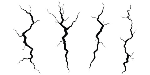 Obraz premium Set of black cracks on white background, symbolizing damage, rupture, destruction