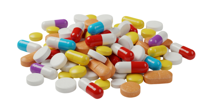 Pile of colorful pills and capsules isolated on a transparent background