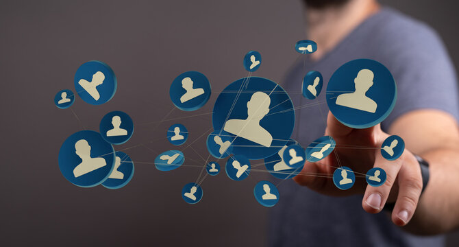 Network of profiles connected by the hand. Communication in social media and digital business. Online connection concept - Powered by Adobe