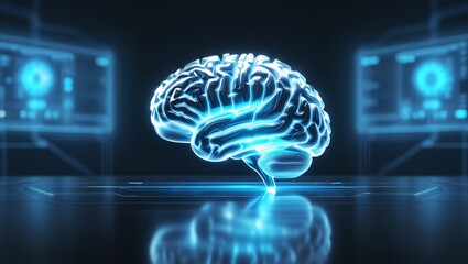 Glowing blue digital brain in futuristic setting