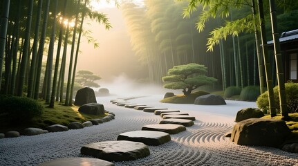 Japanese Zen Garden with Bamboo and Sunlight for Meditation and Tranquility