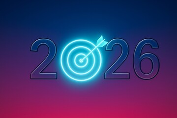 Neon 2026 numbers with glowing target and arrow replacing zero on gradient background. Concept of motivation, productivity and planning future success goals for New Year 2026