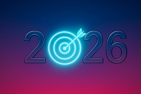 Neon 2026 numbers with glowing target and arrow replacing zero on gradient background. Concept of motivation, productivity and planning future success goals for New Year 2026