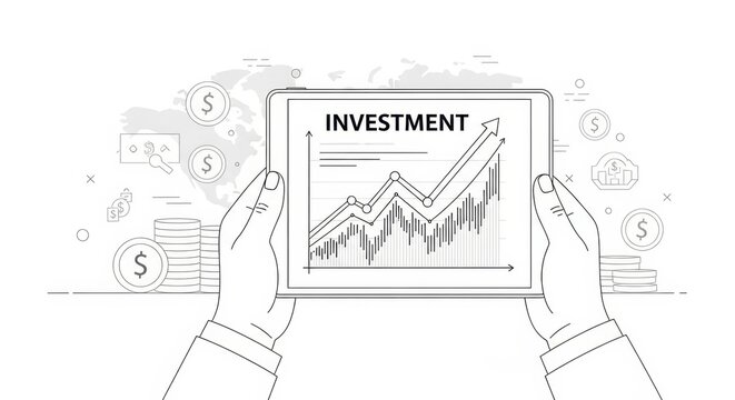Investment growth analysis using a digital tablet with financial charts, ideal for global market