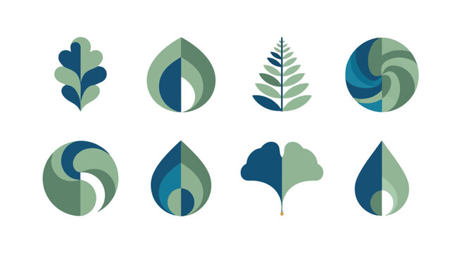 Set of eight minimalist leaf icons isolated on, representing nature, ecology, and sustainability in a modern and stylish design
