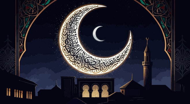 Eid mubarak illustration with crescent moon and arabic calligraphy, creating a festive and spiritual atmosphere for the muslim holiday celebration