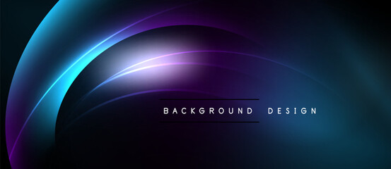Abstract dark background features curved lines, vibrant blue, purple gradients. Minimalist design with text elements present.