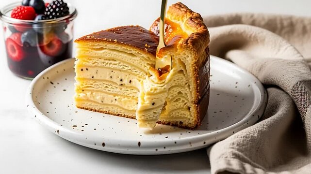 Close up of a delicious slice of layered honey cake drizzled with sweet golden caramel