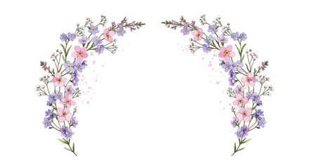 Watercolor floral arch isolated on, delicate pink roses, blue forgetmenots, and green leaves for wedding invitations