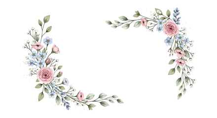 Watercolor floral corner set isolated on, delicate pink roses, blue forgetmenots, and green leaves for wedding invitations