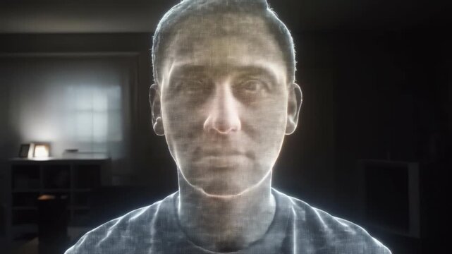 POV of a formerly blind person as their augmented vision activates:objects appear pixel by pixel, faces forming from blocks of light. Augmented human technology and neural links. 