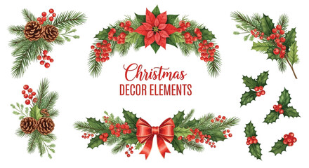 Collection of christmas decor elements including pine branches, pine cones, holly berries, poinsettia flower, and red ribbon bow, isolated on white background
