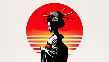Geisha silhouette against red sun and stripes