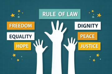 Hands raised in unity for rule of law, freedom, equality, dignity, peace, and justice.