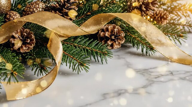 Christmas Decoration on Marble - This video showcases a festive Christmas decoration arranged on a marble surface. The decoration consists of pine tree branches, pine cones, and a golden ribbon.
