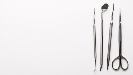 Dental instruments laid out on white background