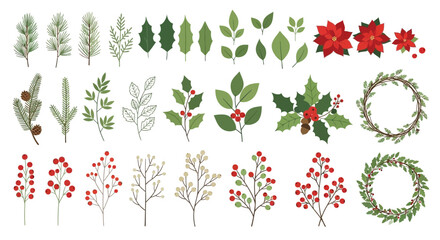 Collection of various christmas and winter botanical elements, including pine branches, poinsettias, holly, berries, and wreaths, isolated on white background