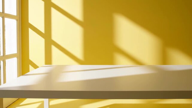 Yellow Wall with Table and Window Light - A white table is positioned in front of a yellow wall, creating a bright and modern setting.