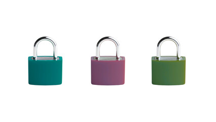 Three Colorful Padlocks Aligned on Transparent Background.
