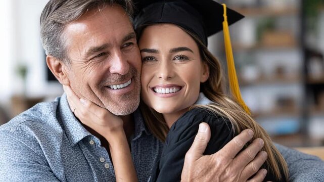 A joyful graduate wearing a cap and gown embraces an older man, her father, sharing a heartfelt moment of pride and happiness after her academic achievement.