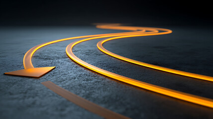 Glowing orange directional arrows creating a winding path on a dark textured surface, representing journey and direction